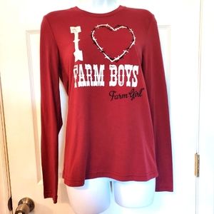 Graphic Tee Farm Girl "I ❤ Farm Boys" Large Tee Western Long Sleeve Maroon
